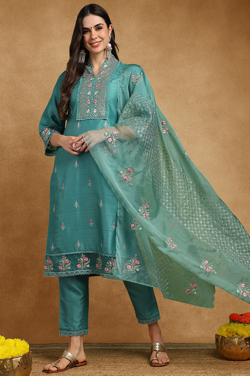 Teal Green Silk Blend Solid Embroidered Straight Suit Set | SHOBITAM