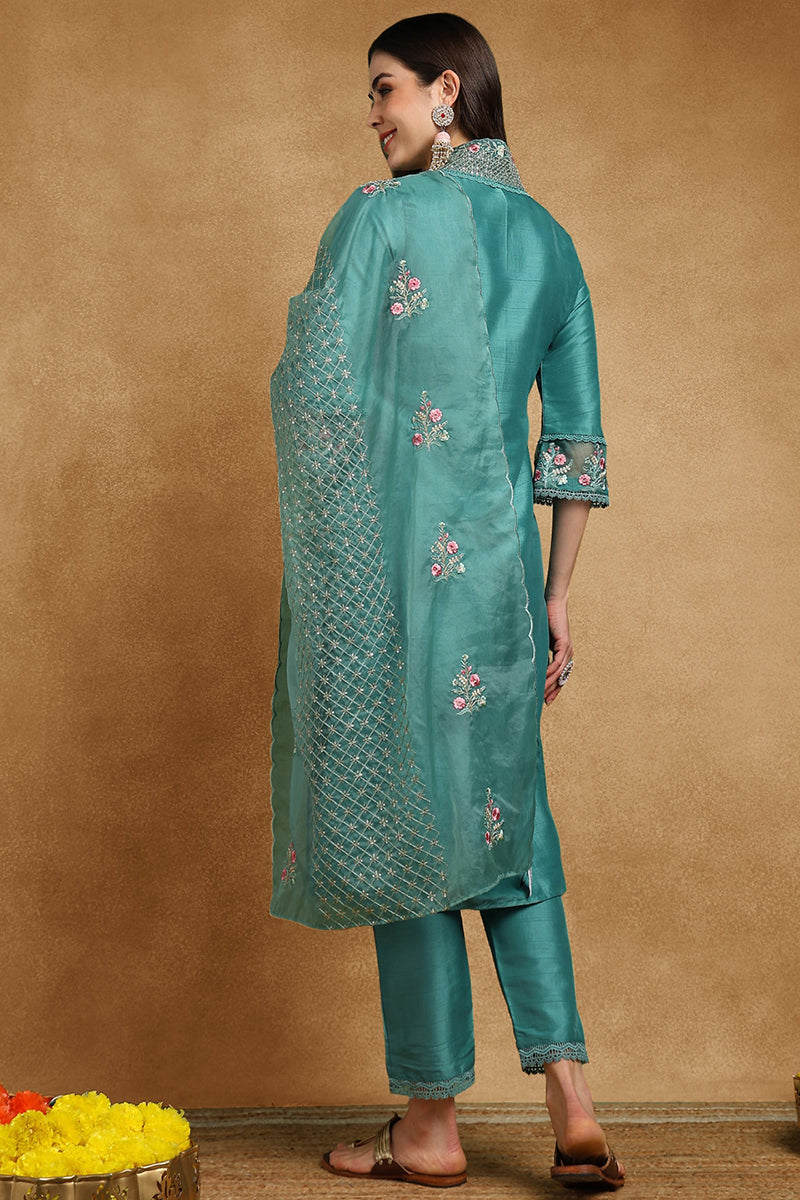 Teal Green Silk Blend Solid Embroidered Straight Suit Set | SHOBITAM