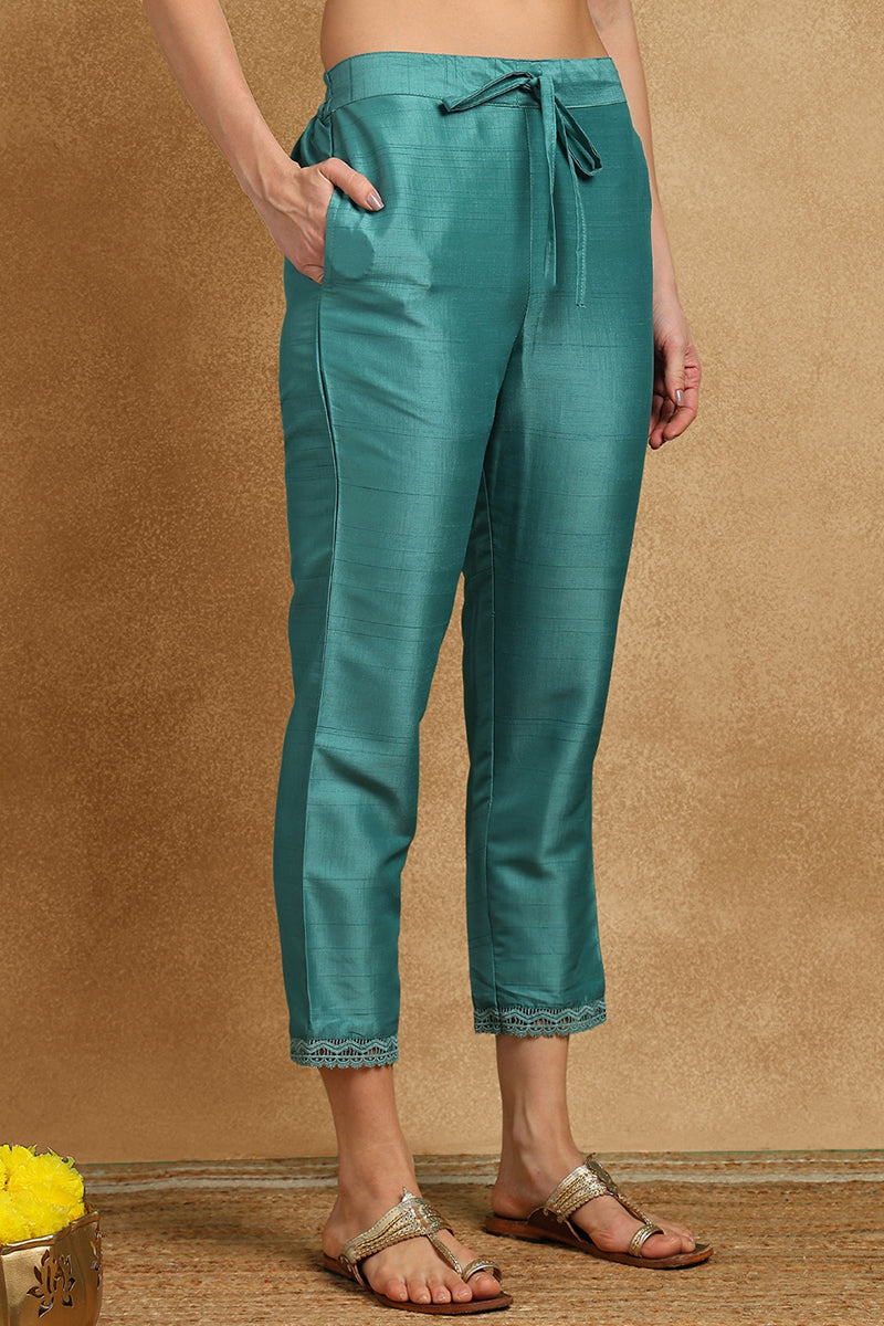 Teal Green Silk Blend Solid Embroidered Straight Suit Set | SHOBITAM