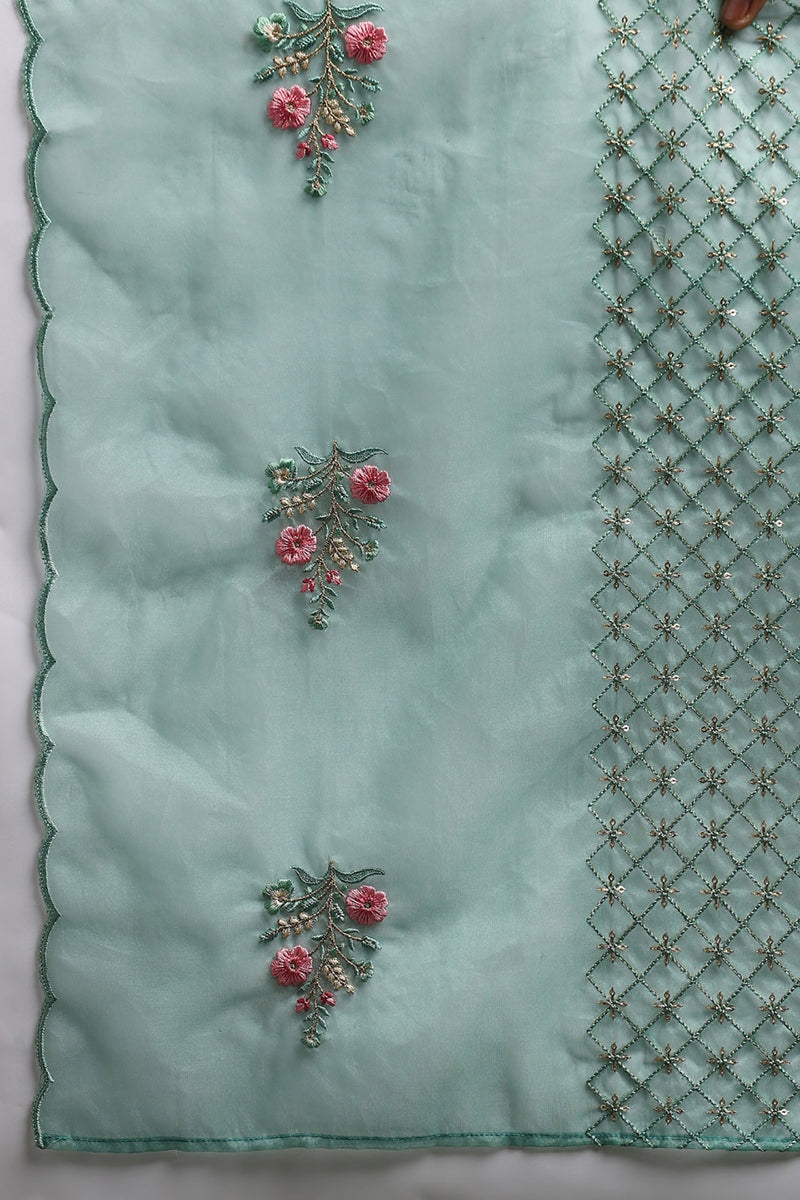 Teal Green Silk Blend Solid Embroidered Straight Suit Set | SHOBITAM