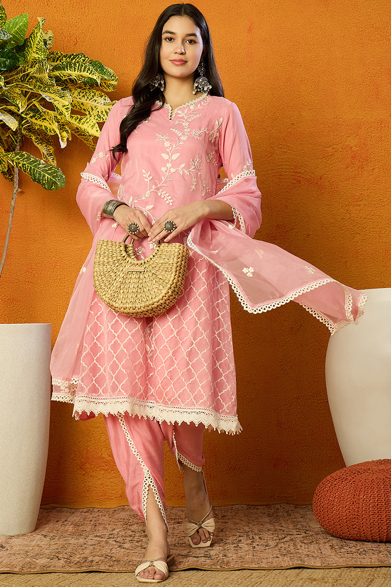 Pink Organza Solid Embroidered A-Line Dhoti Style Suit Set | SHOBITAM