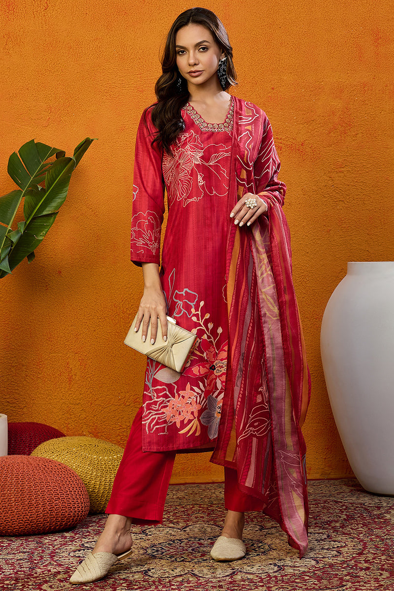 Red Silk Blend Floral Printed Straight Suit Set | SHOBITAM