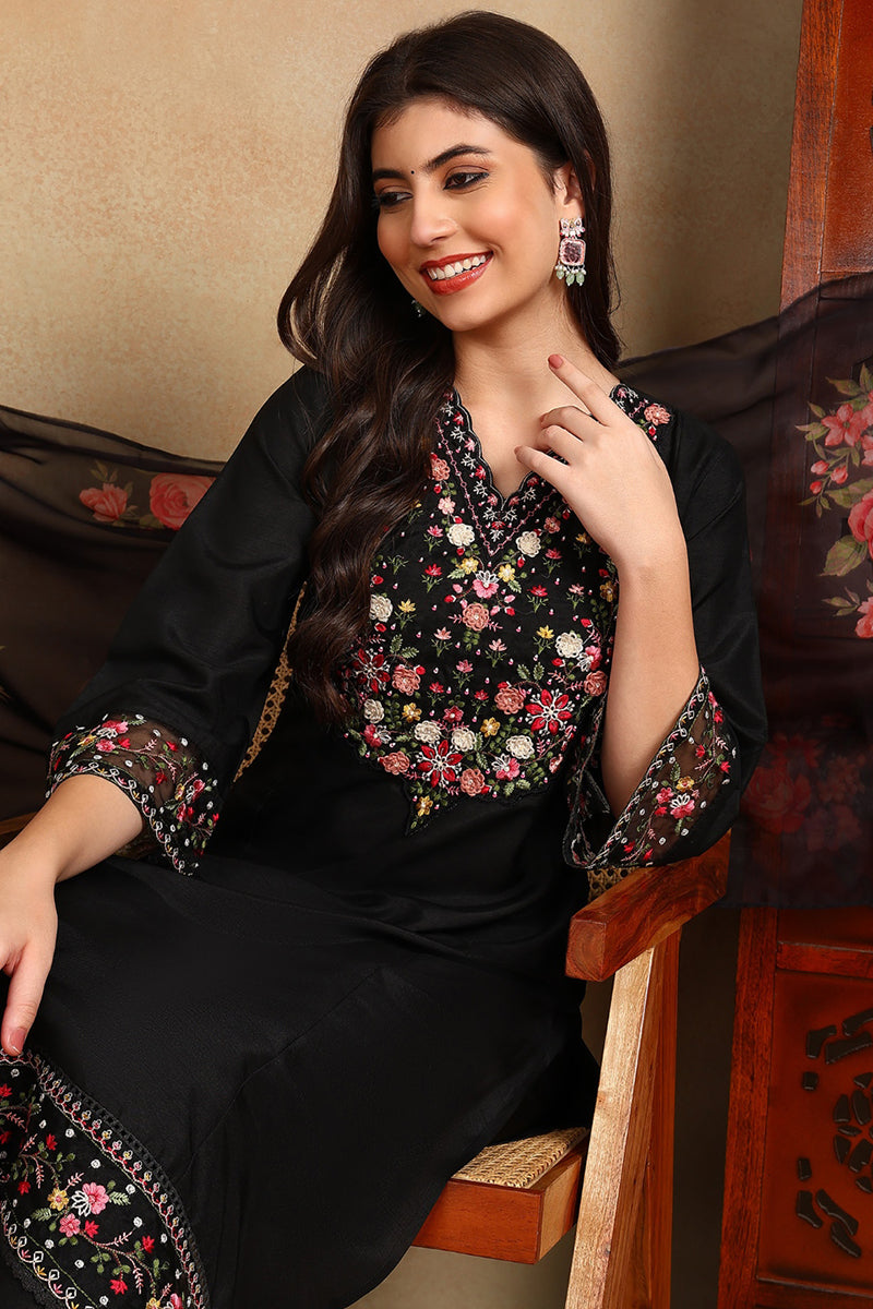 Black Silk Blend Solid Embroidered Straight Trouser Bottom Suit Set | SHOBITAM