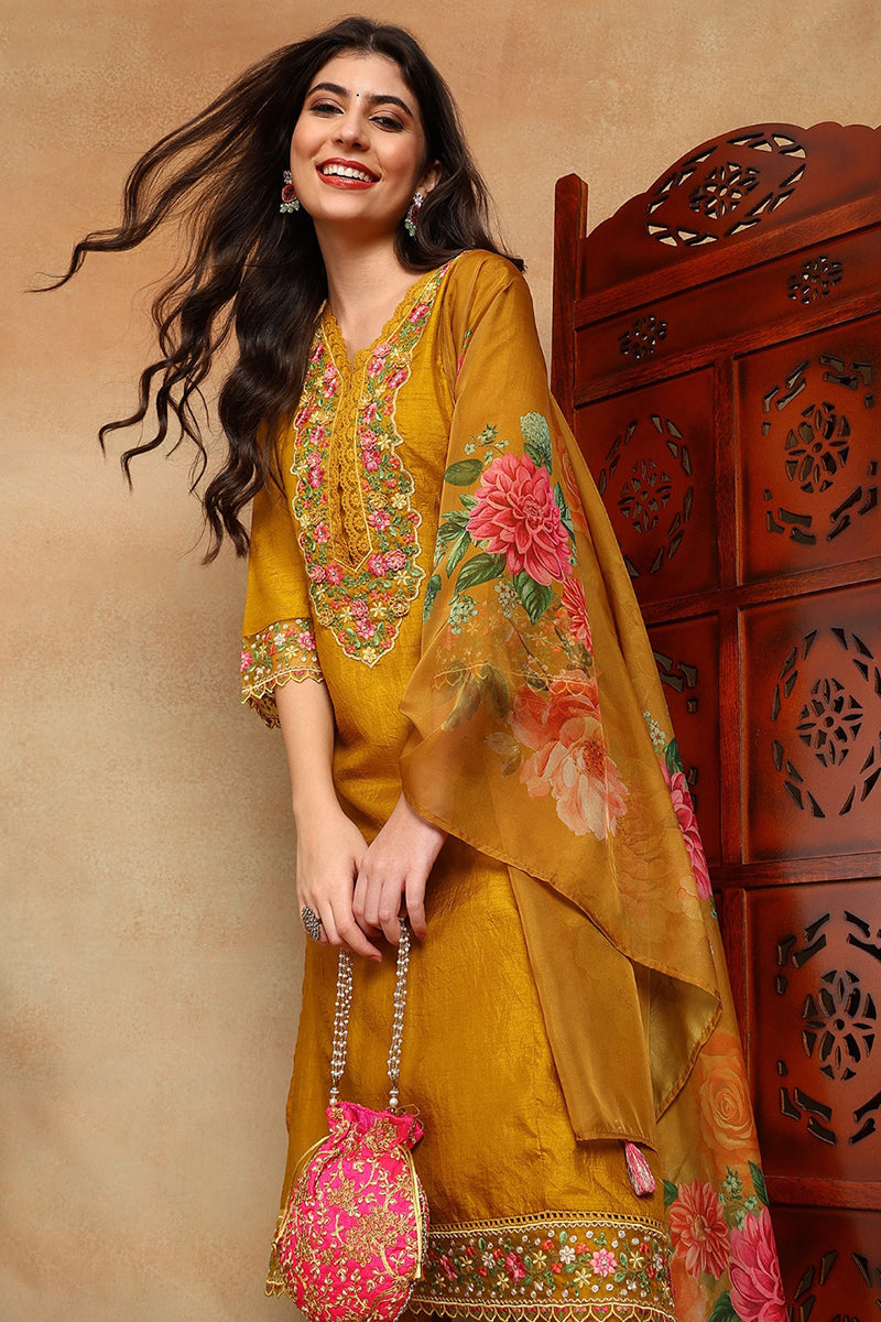 Mustard Yellow Silk Blend Solid Embroidered Straight Trouser Bottom Suit Set | SHOBITAM