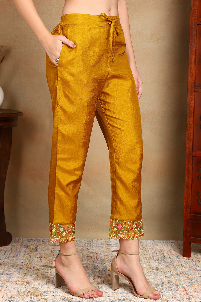 Mustard Yellow Silk Blend Solid Embroidered Straight Trouser Bottom Suit Set | SHOBITAM