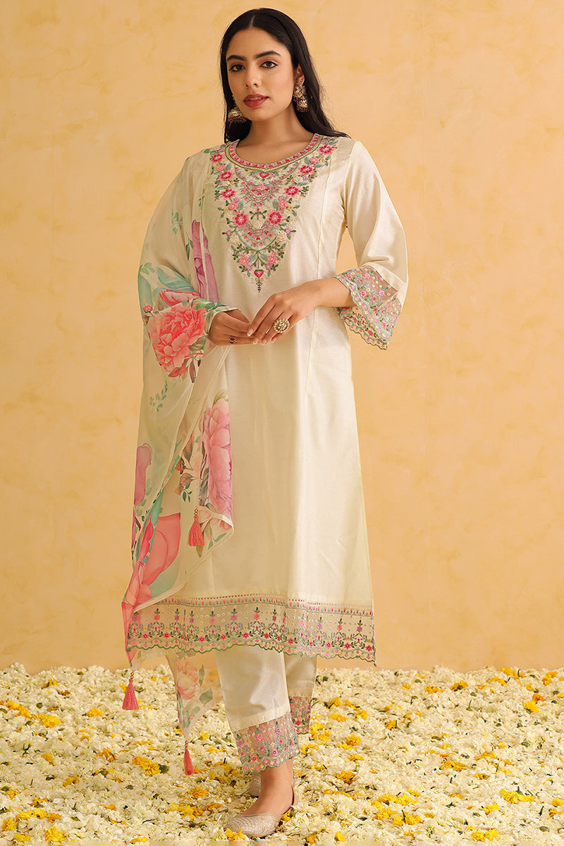 Off White Silk Blend Solid Embroidered Straight Trouser Bottom Suit Set | SHOBITAM