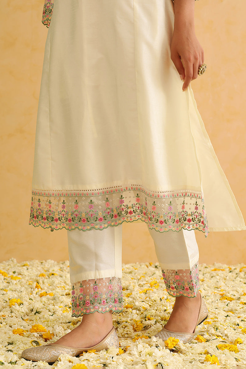 Off White Silk Blend Solid Embroidered Straight Trouser Bottom Suit Set | SHOBITAM