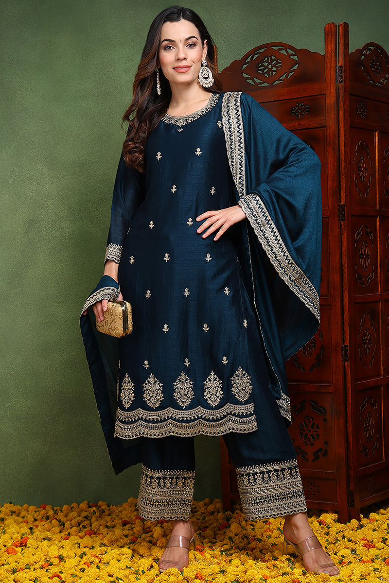 Dark Blue Silk Blend Solid Embroidered Straight Suit Set | SHOBITAM