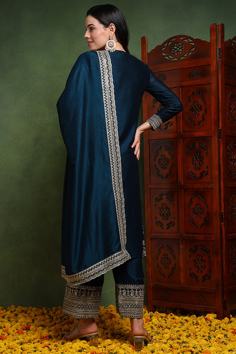 Dark Blue Silk Blend Solid Embroidered Straight Suit Set | SHOBITAM