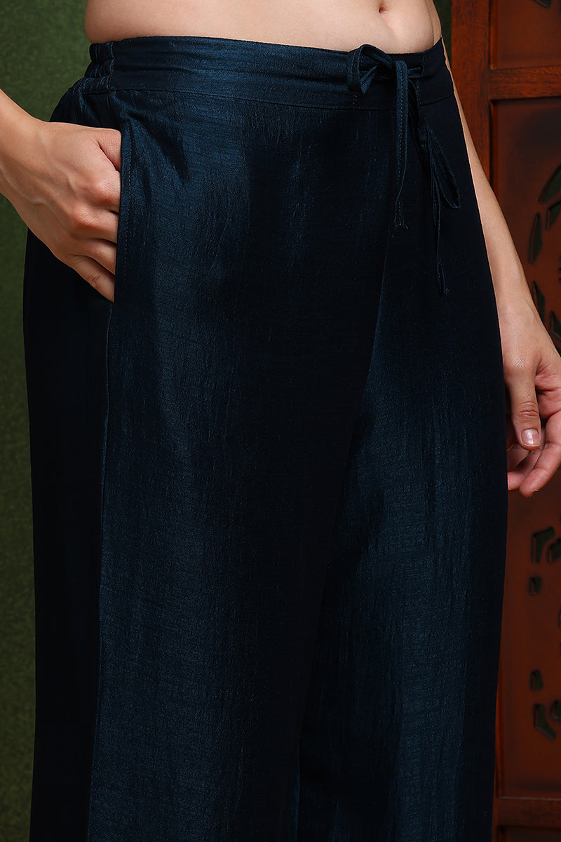 Dark Blue Silk Blend Solid Embroidered Straight Suit Set | SHOBITAM