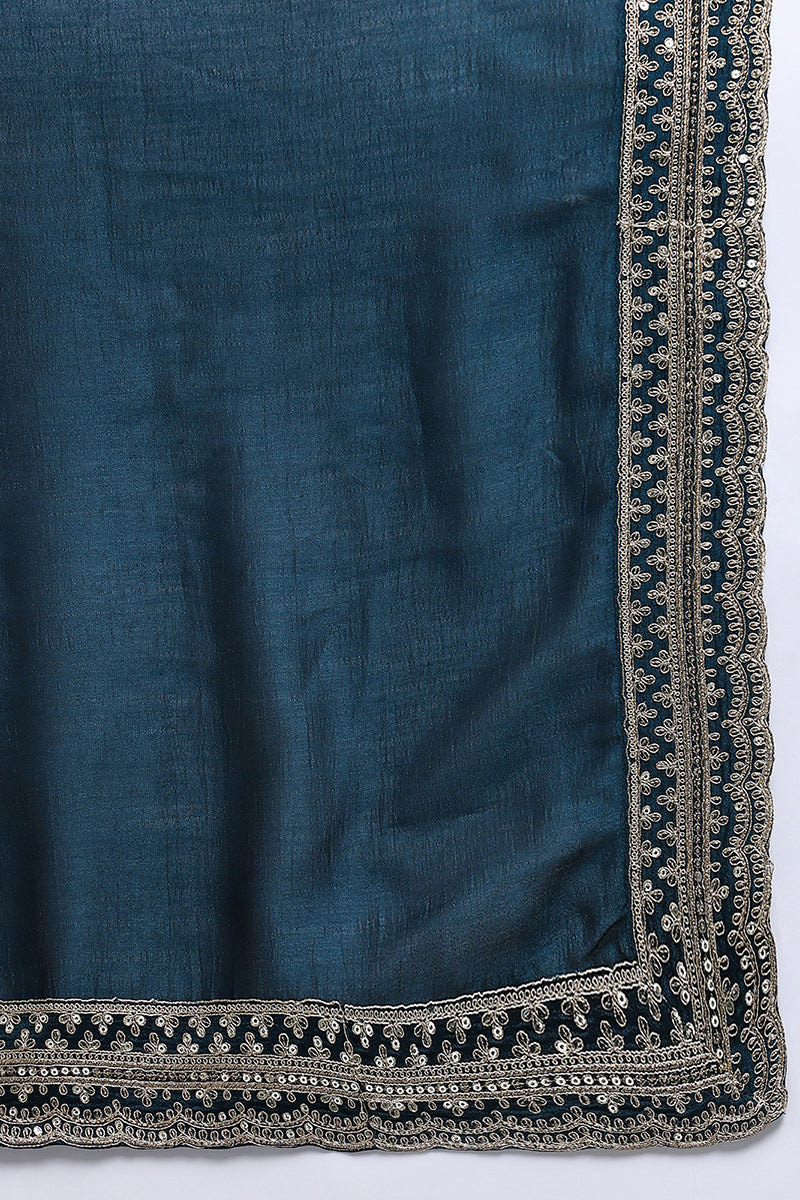 Dark Blue Silk Blend Solid Embroidered Straight Suit Set | SHOBITAM
