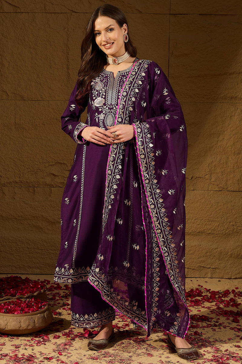Purple Silk Blend Yoke Design Zari Straight Palazzo Suit Set | SHOBITAM