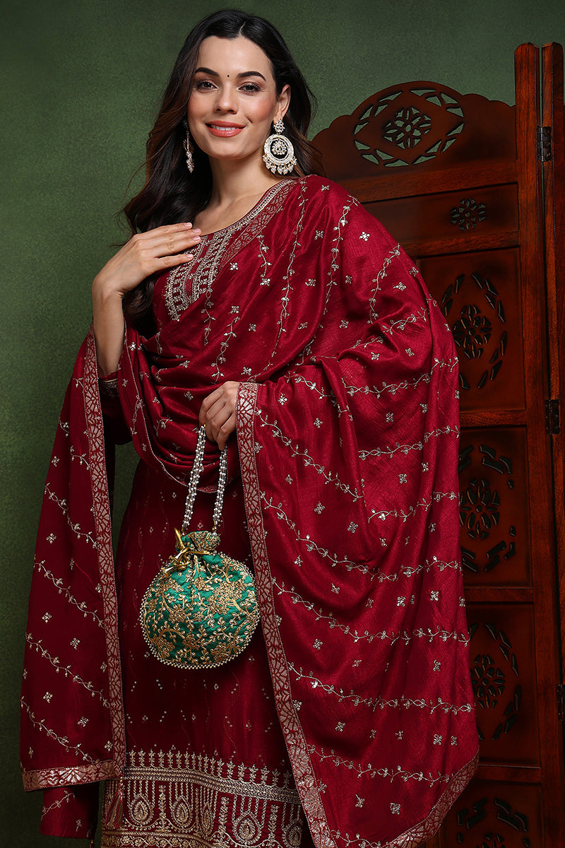 Maroon Silk Blend Solid Embroidered Straight Suit Set | SHOBITAM