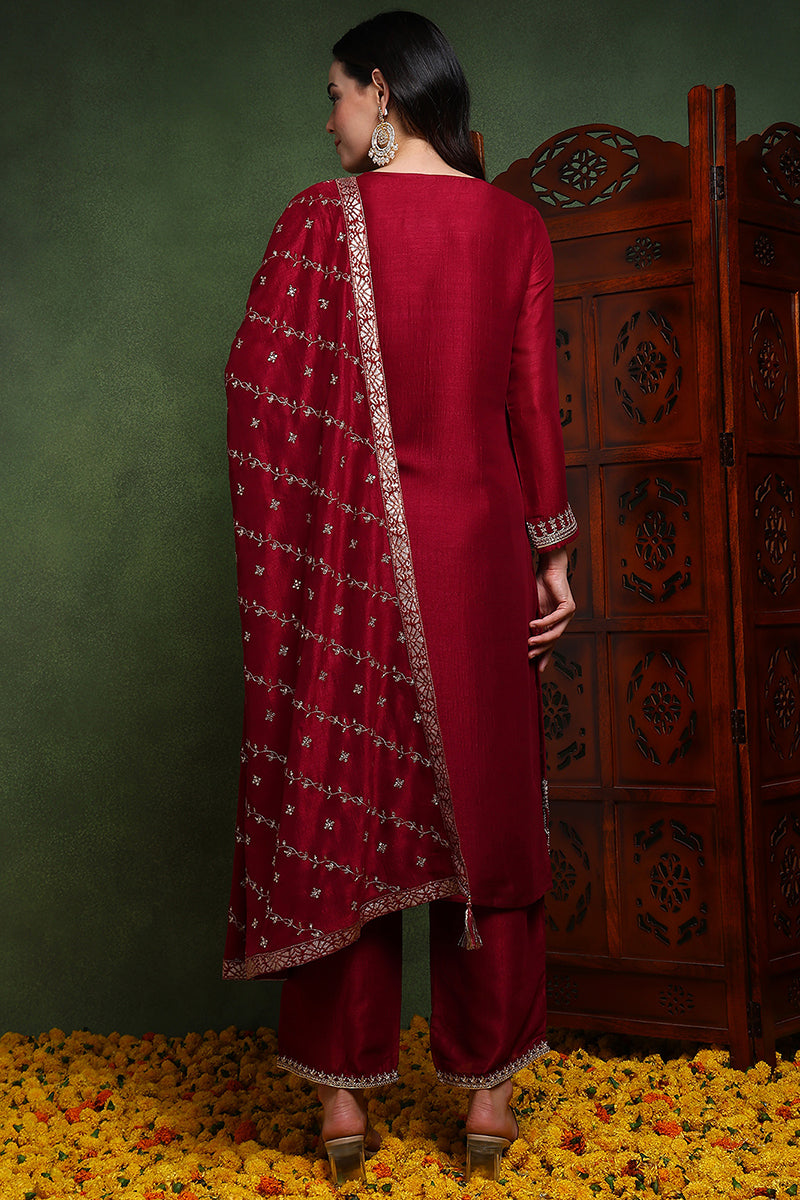 Maroon Silk Blend Solid Embroidered Straight Suit Set | SHOBITAM