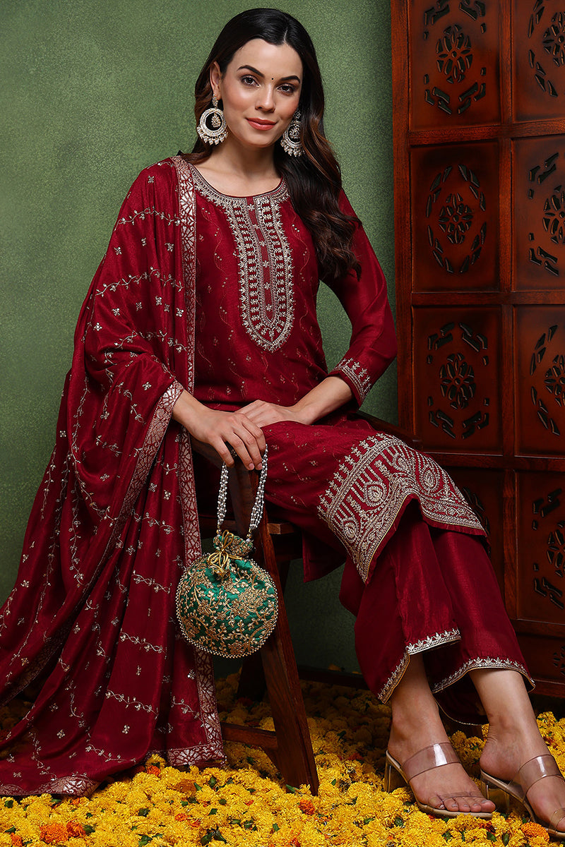 Maroon Silk Blend Solid Embroidered Straight Suit Set | SHOBITAM
