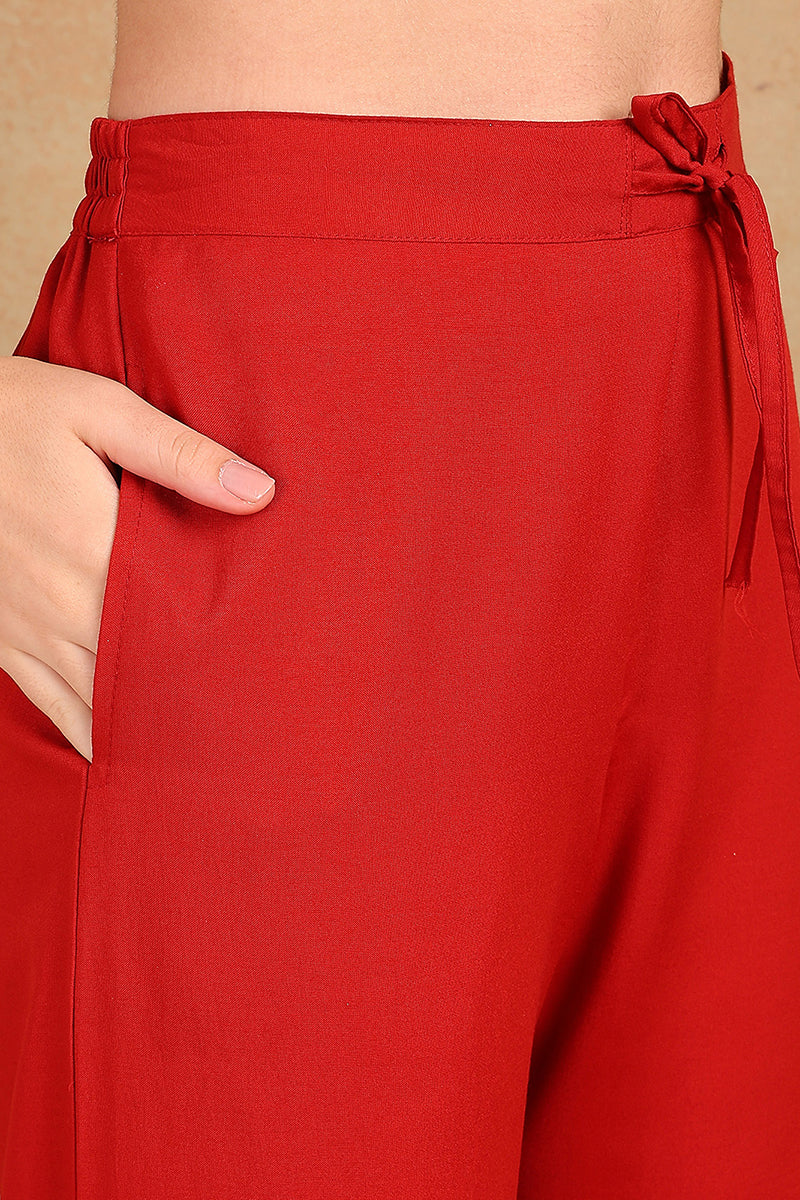 Red Silk Blend Solid Embroidered A-Line Trouser Bottom Suit Set | SHOBITAM