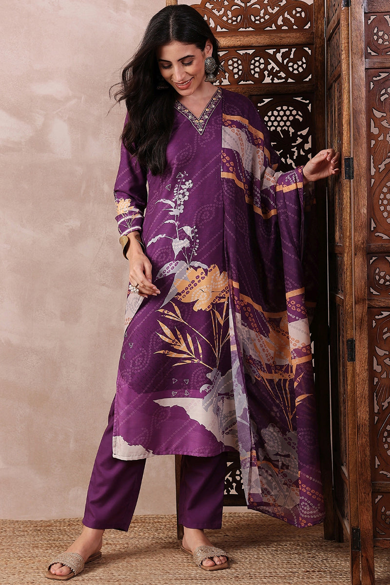 Purple Rayon Blend Floral Printed Straight Trouser Bottom Suit Set | SHOBITAM