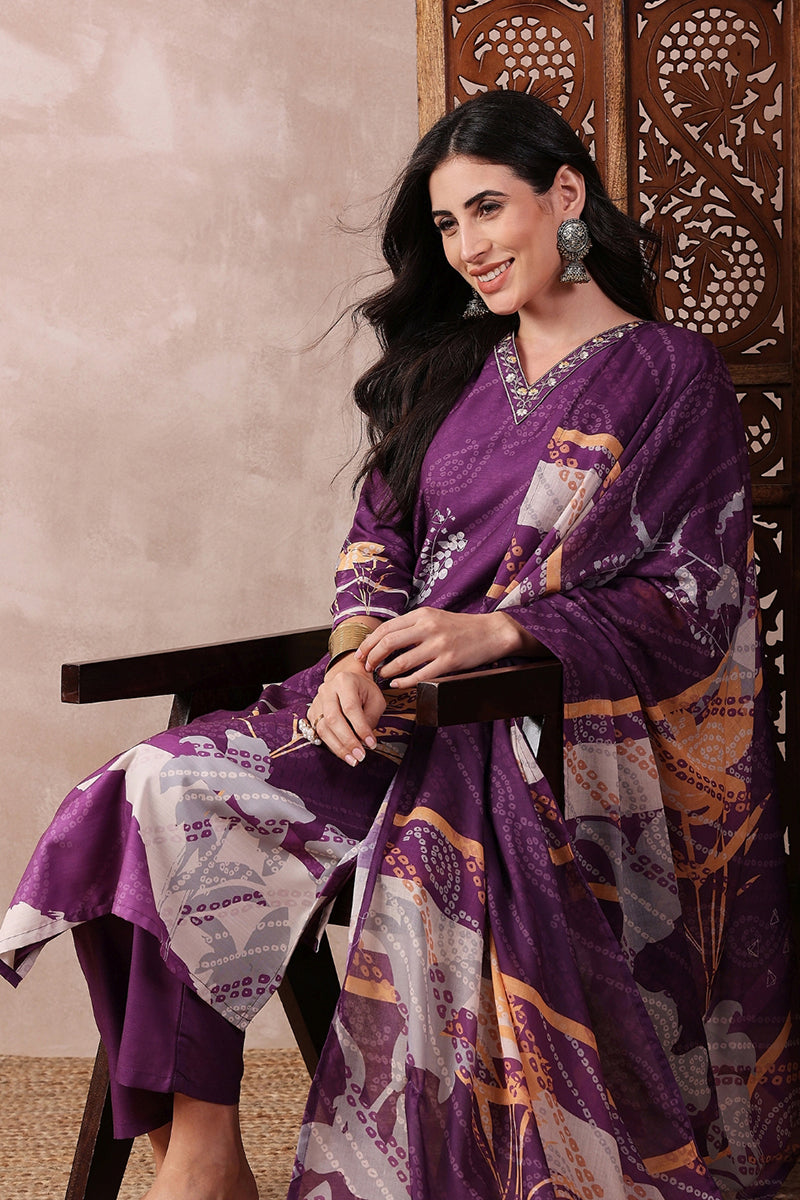 Purple Rayon Blend Floral Printed Straight Trouser Bottom Suit Set | SHOBITAM