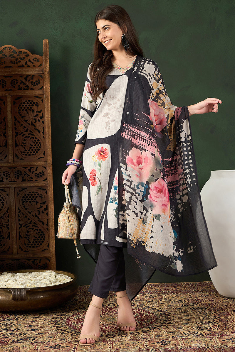 Black Rayon Blend Floral Printed Straight Trouser Bottom Suit Set | SHOBITAM