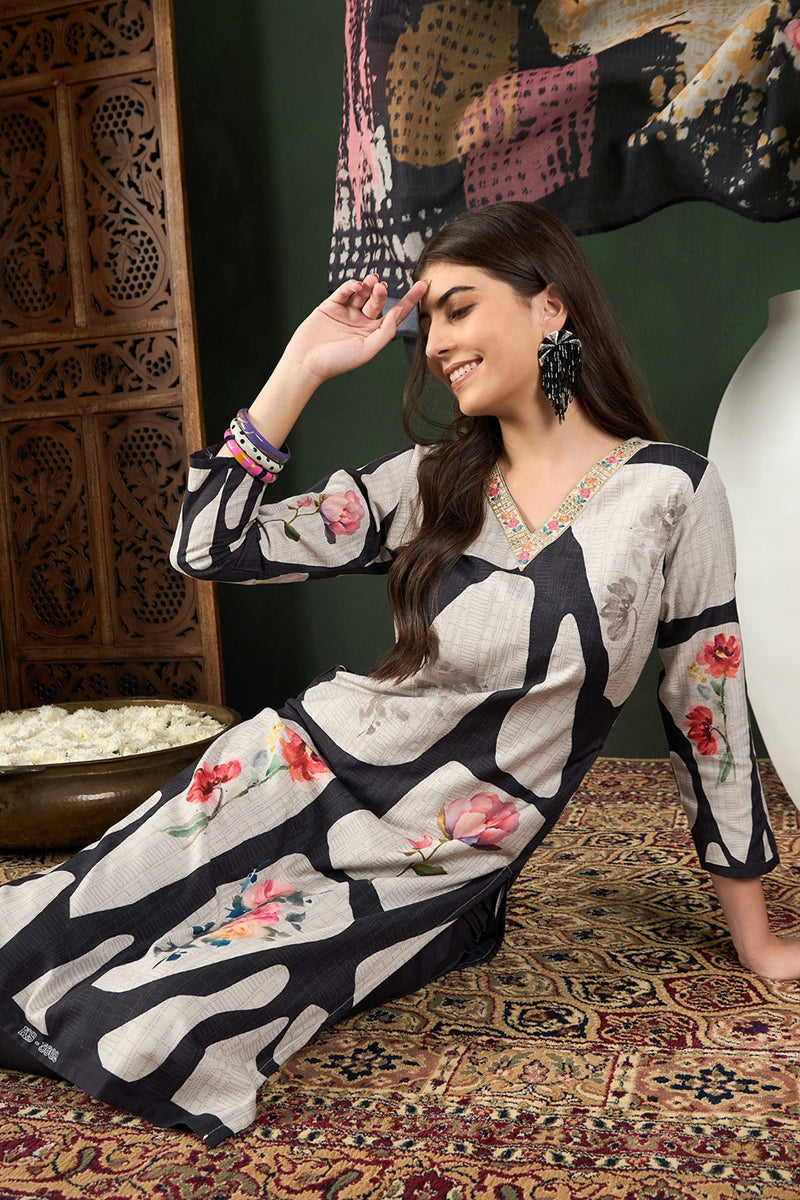 Black Rayon Blend Floral Printed Straight Trouser Bottom Suit Set | SHOBITAM