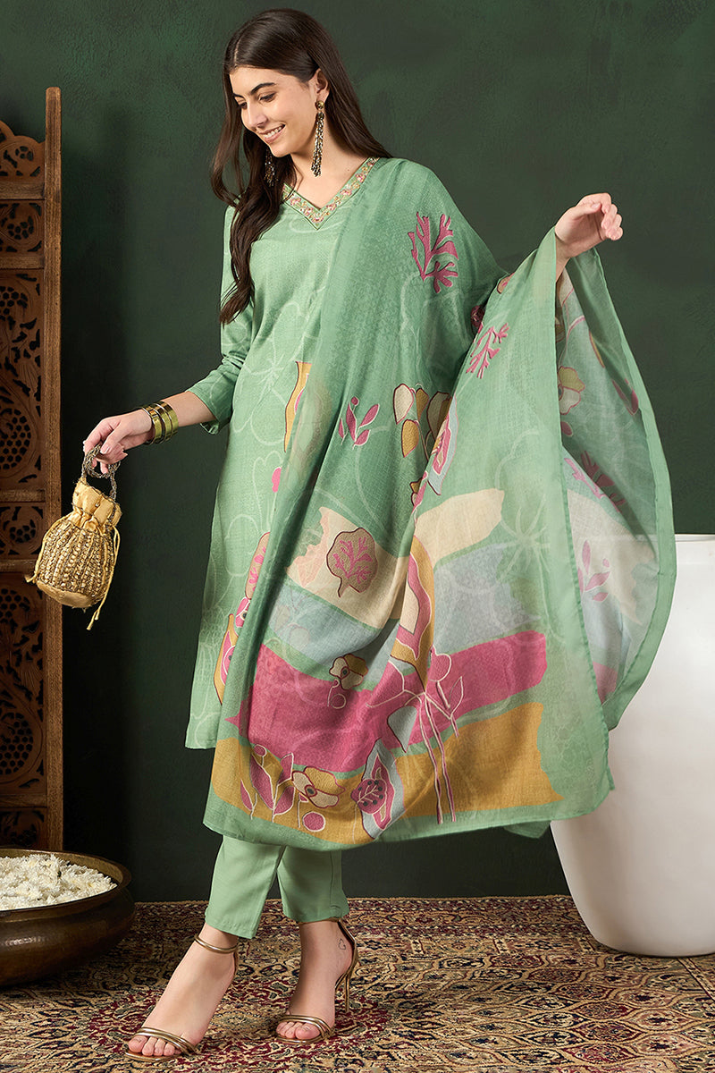 Green Rayon Blend Floral Printed Straight Trouser Bottom Suit Set | SHOBITAM