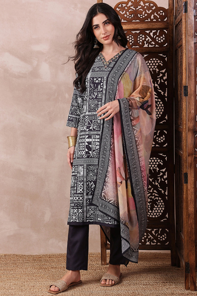 Black Rayon Blend Geometric Printed Straight Trouser Bottom Suit Set | SHOBITAM
