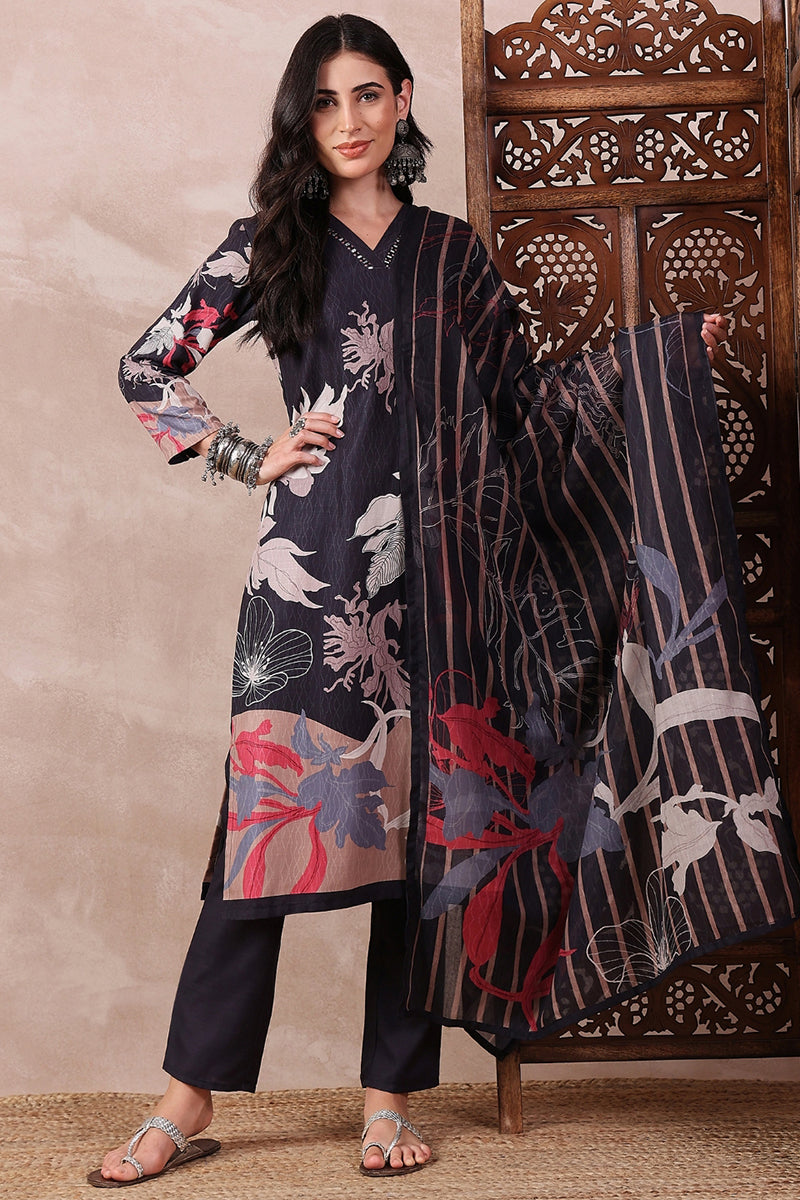 Black Rayon Blend Floral Printed Straight Trouser Bottom Suit Set | SHOBITAM
