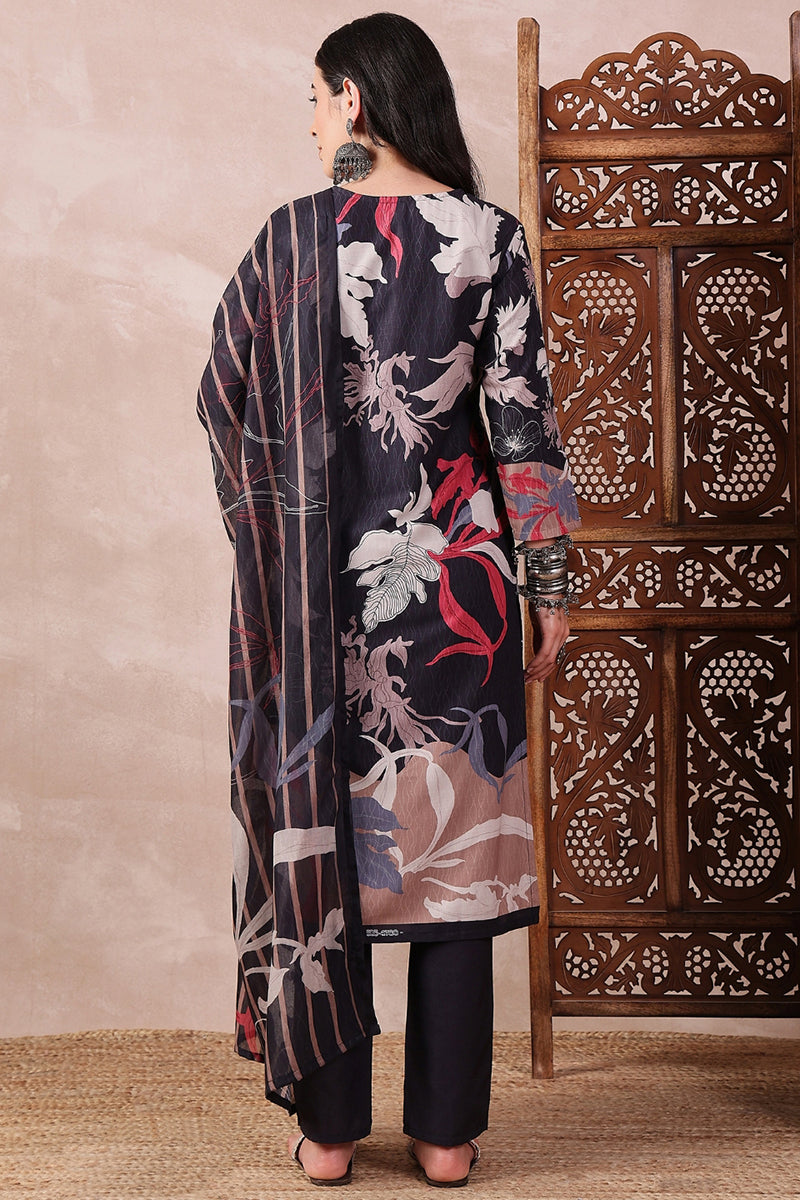 Black Rayon Blend Floral Printed Straight Trouser Bottom Suit Set | SHOBITAM