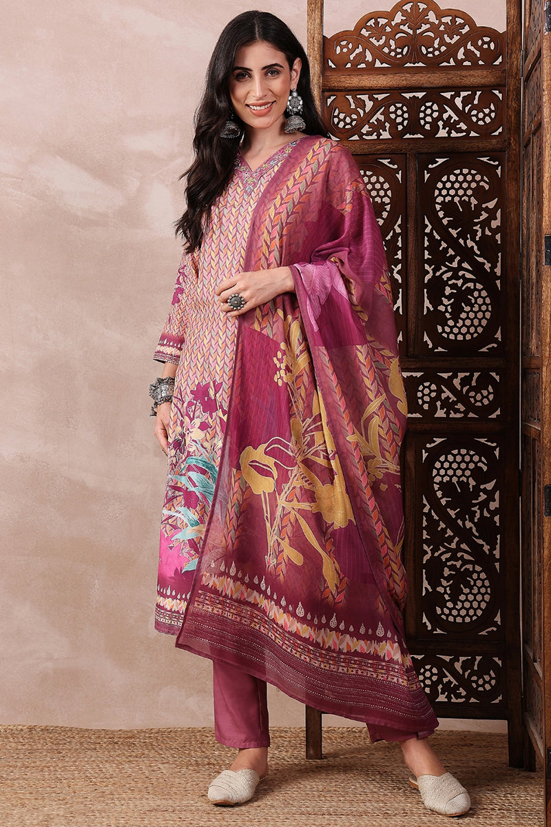 Multi Color Rayon Blend Floral Printed Straight Trouser Bottom Suit Set | SHOBITAM
