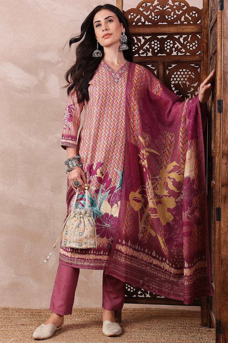 Multi Color Rayon Blend Floral Printed Straight Trouser Bottom Suit Set | SHOBITAM