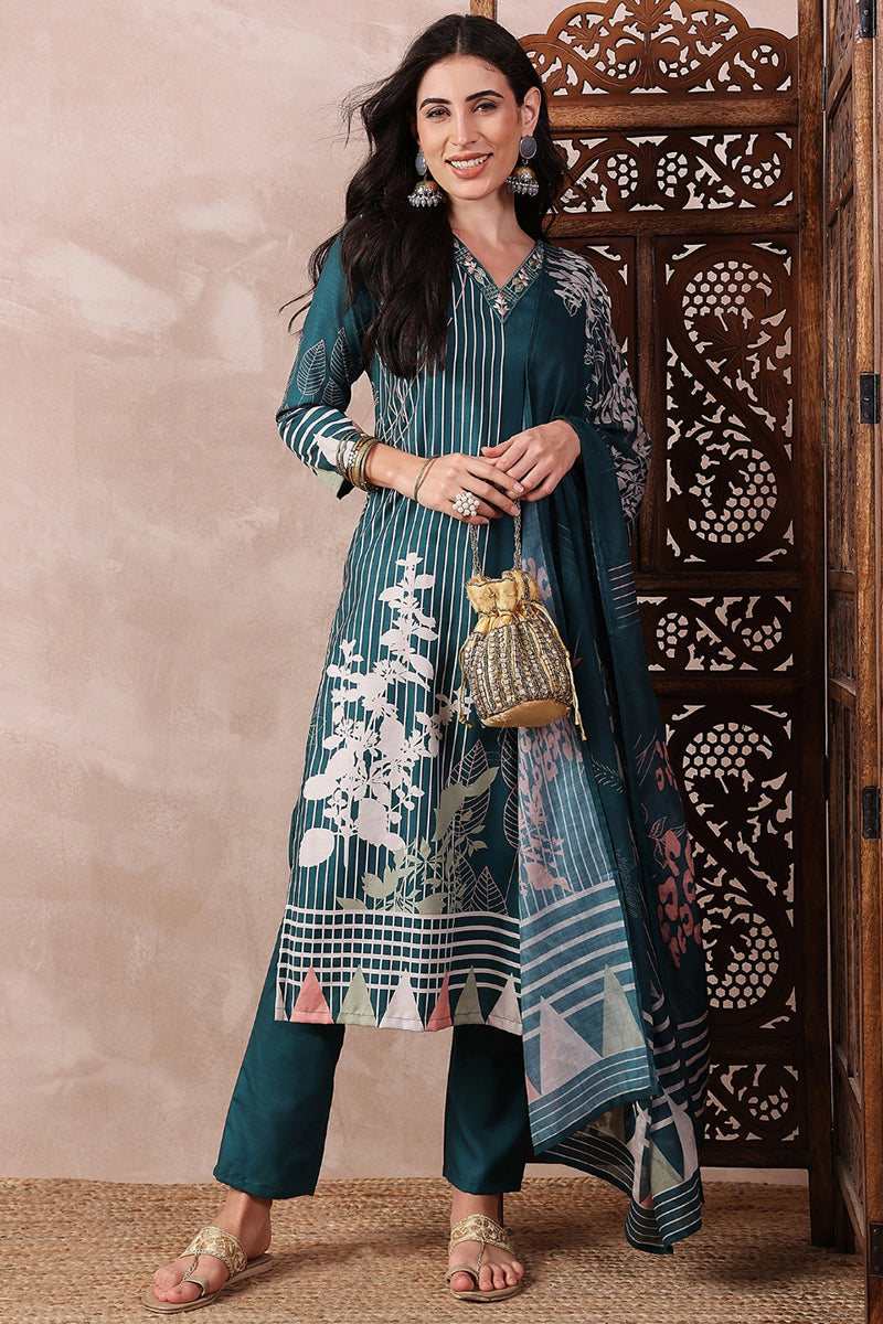 Teal Blue Rayon Blend Abstract Printed Straight Trouser Bottom Suit Set | SHOBITAM
