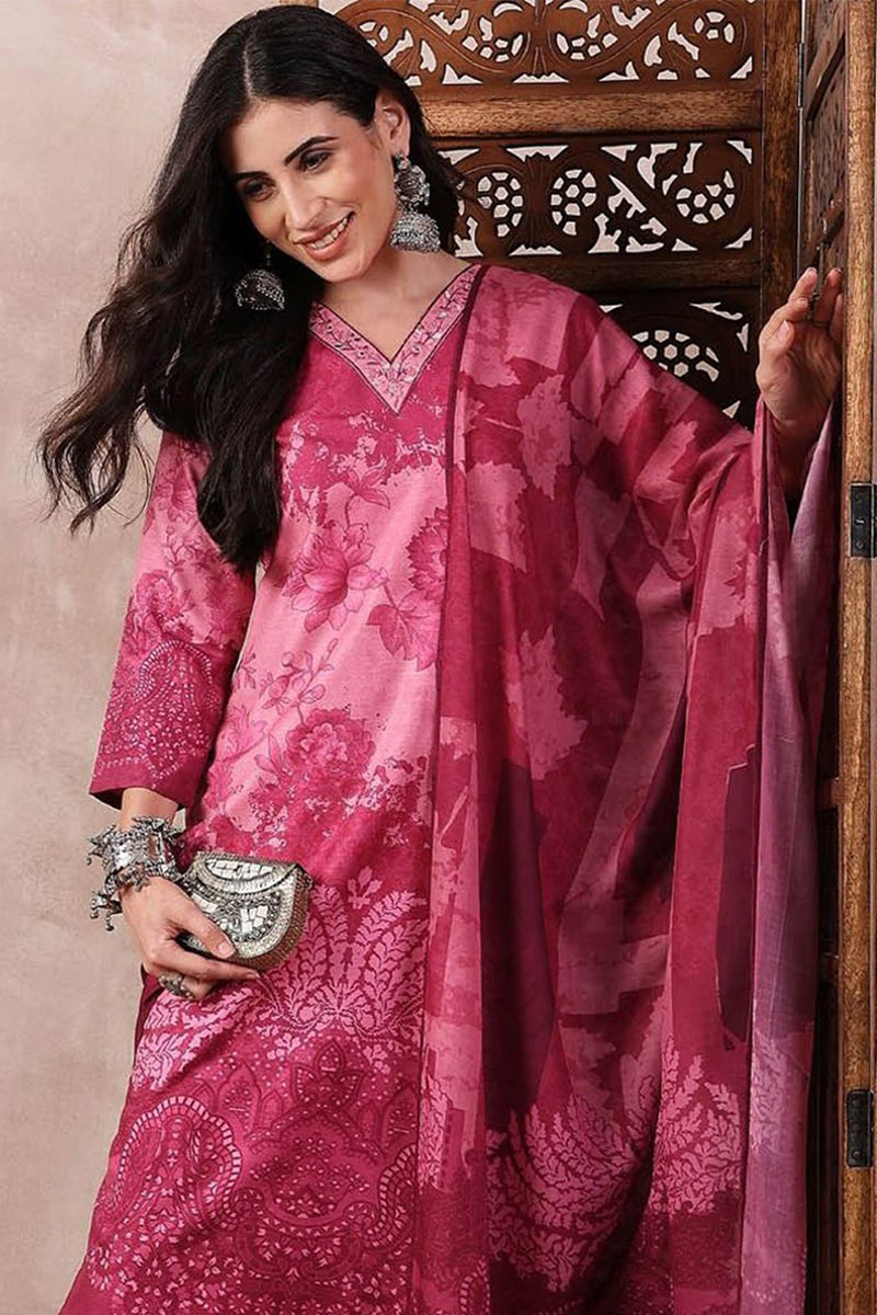 Pink Rayon Blend Ethnic Motifs Printed Straight Trouser Bottom Suit Set | SHOBITAM