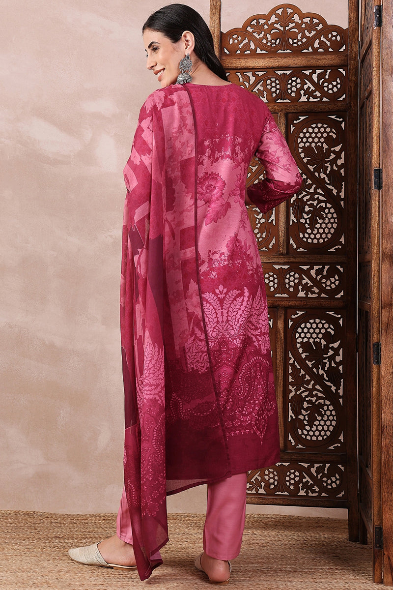 Pink Rayon Blend Ethnic Motifs Printed Straight Trouser Bottom Suit Set | SHOBITAM
