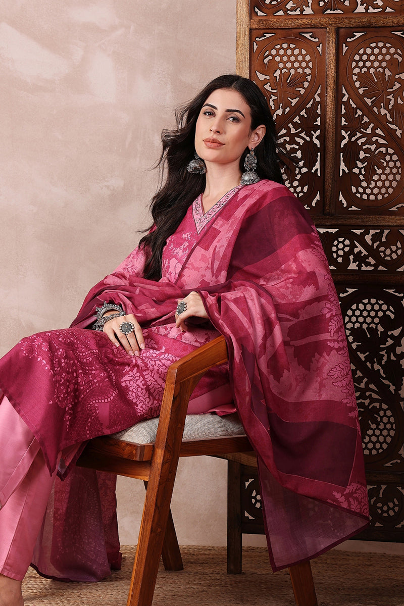 Pink Rayon Blend Ethnic Motifs Printed Straight Trouser Bottom Suit Set | SHOBITAM