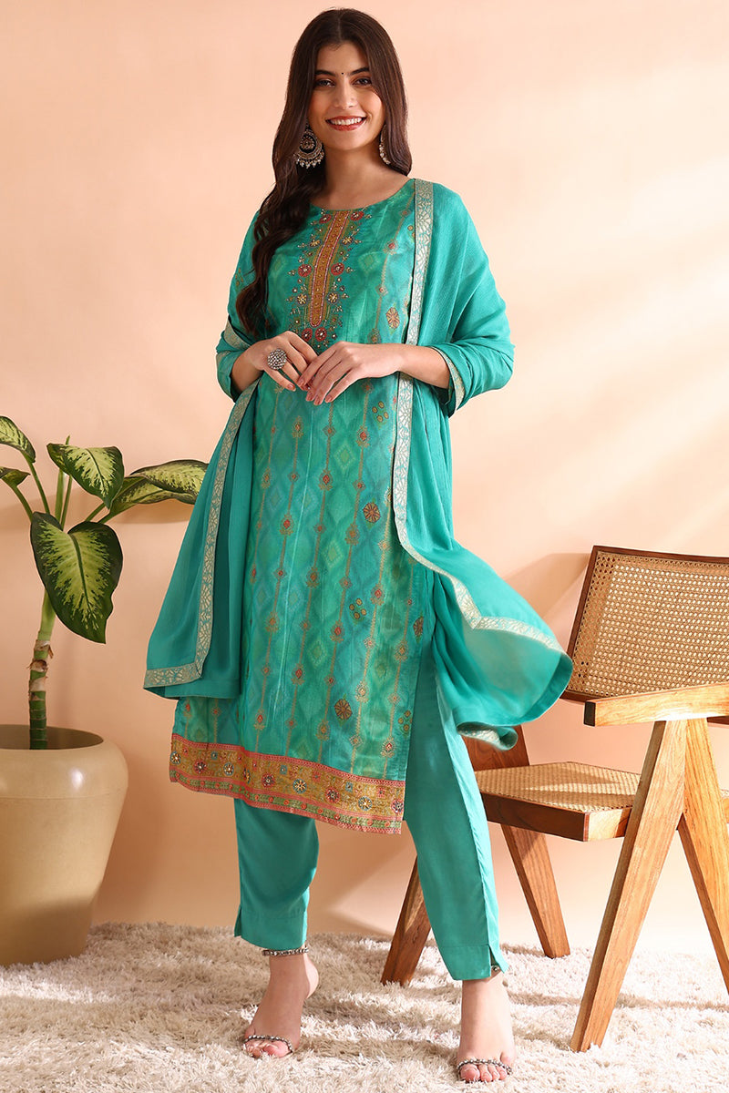 Sea Green Silk Blend Ethnic Motifs Woven Design Straight Trouser Bottom Suit Set | SHOBITAM