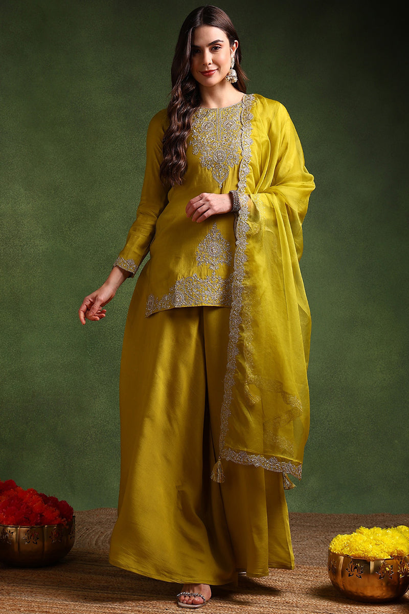 Lime Green Silk Blend Embroidered Straight Palazzo Suit Set | SHOBITAM