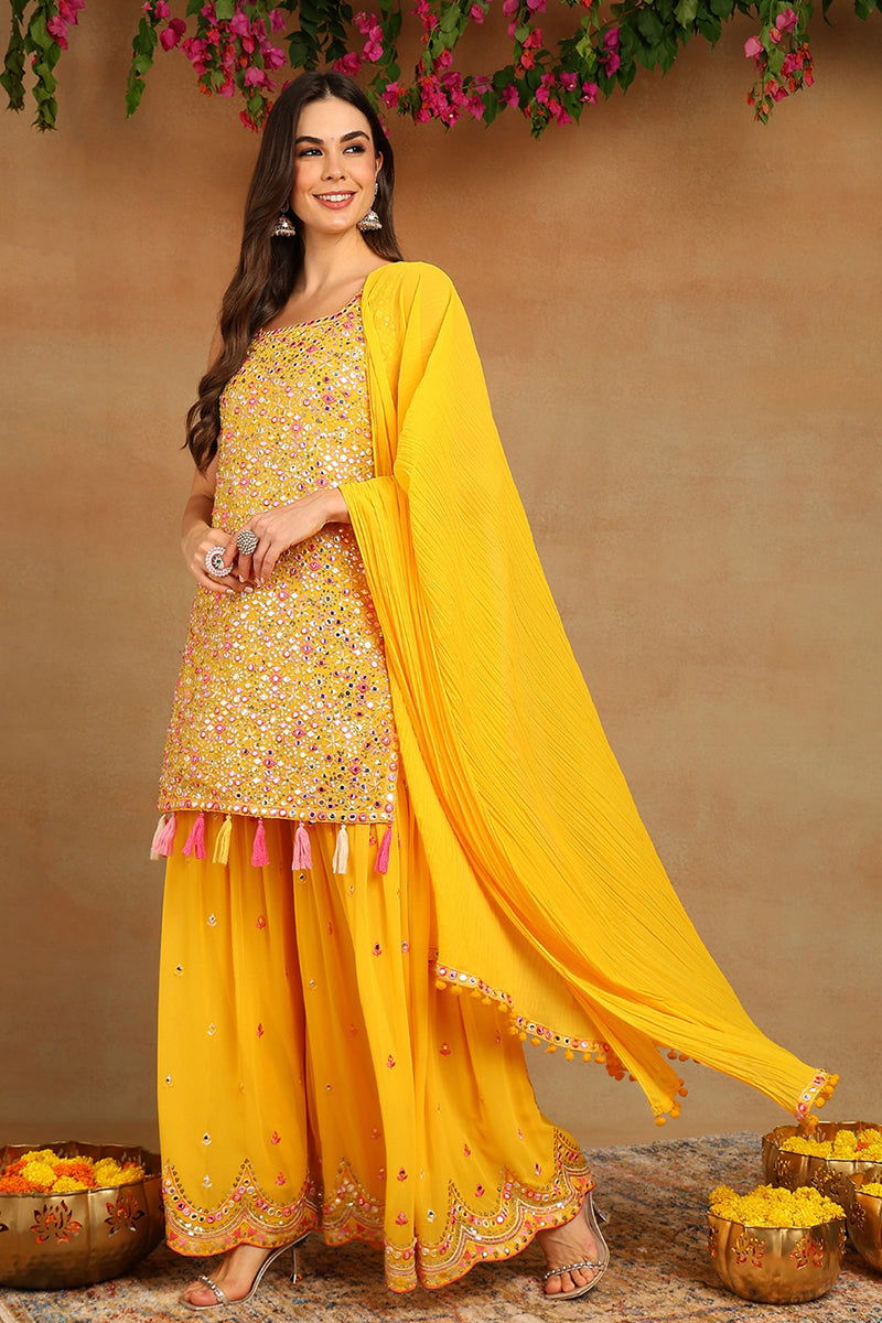 Yellow Georgette Solid Embroidered Straight Suit Set | SHOBITAM
