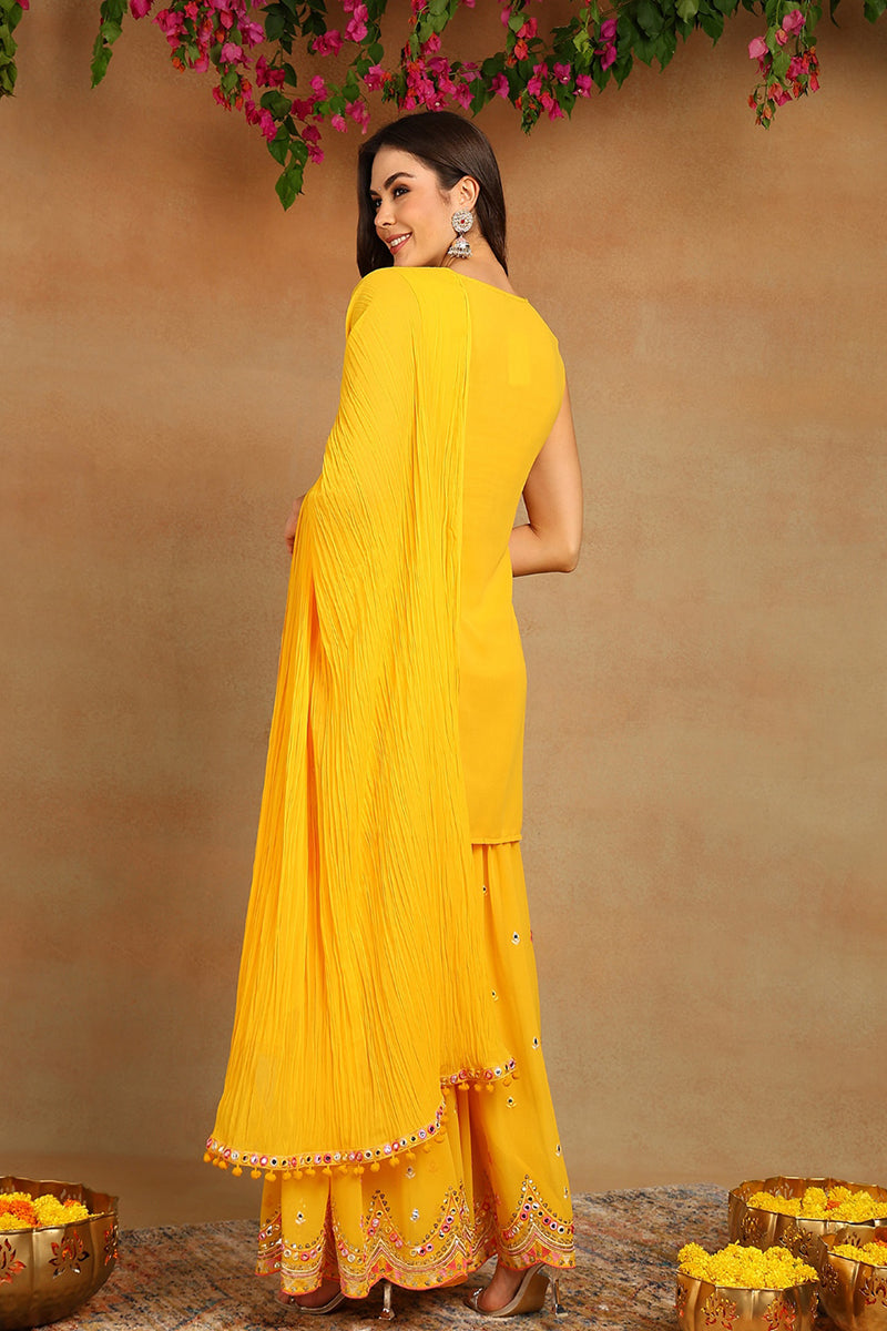 Yellow Georgette Solid Embroidered Straight Suit Set | SHOBITAM