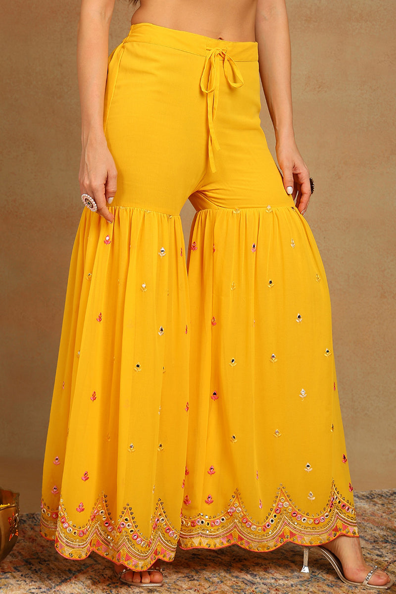 Yellow Georgette Solid Embroidered Straight Suit Set | SHOBITAM