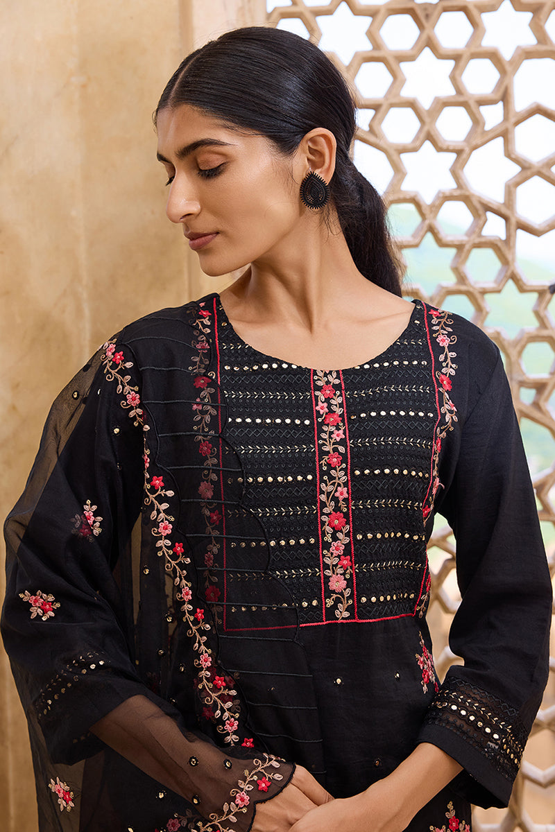 Black Silk Blend Solid Embroidered Straight Trouser Bottom Suit Set | SHOBITAM