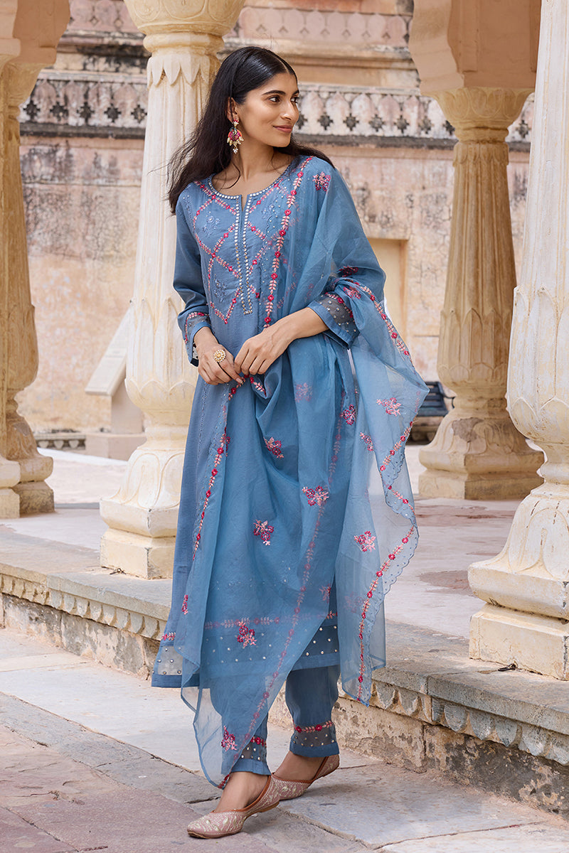 Blue Silk Blend Solid Embroidered Straight Trouser Bottom Suit Set | SHOBITAM