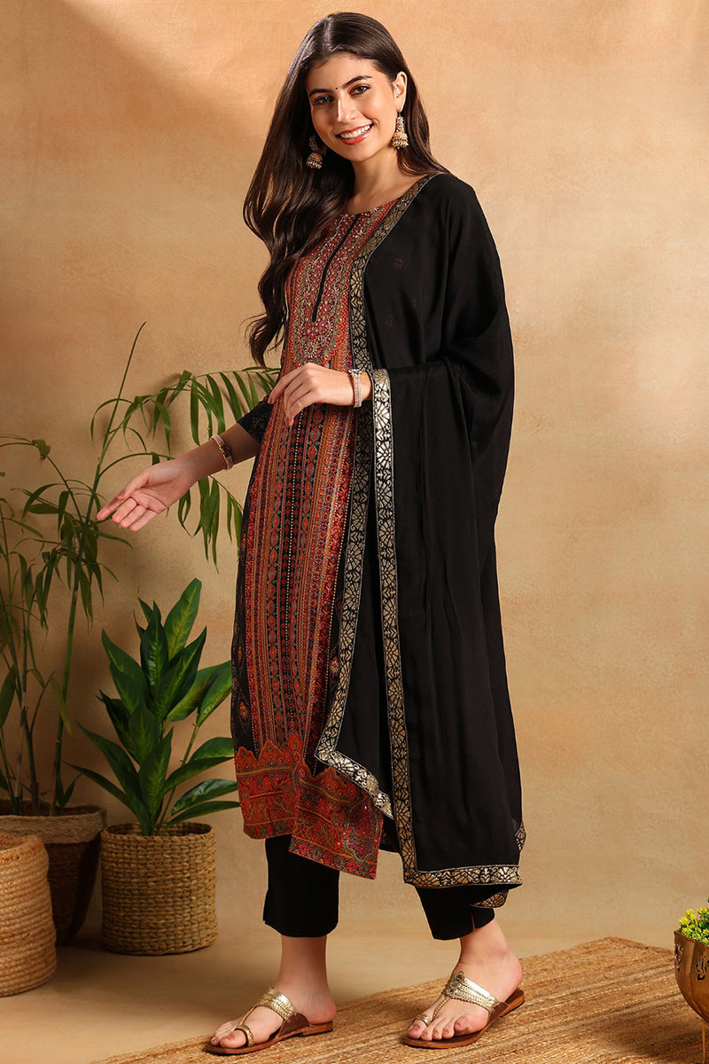 Black Chanderi Ethnic Motifs Woven Design Straight Trouser Suit Set | SHOBITAM