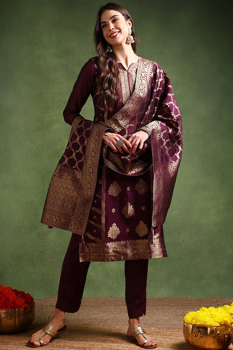 Dark Wine Chanderi Silk Woven Design Straight Trouser Suit Set | SHOBITAM