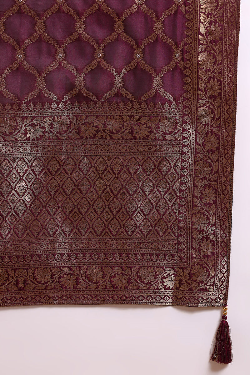 Dark Wine Chanderi Silk Woven Design Straight Trouser Suit Set | SHOBITAM