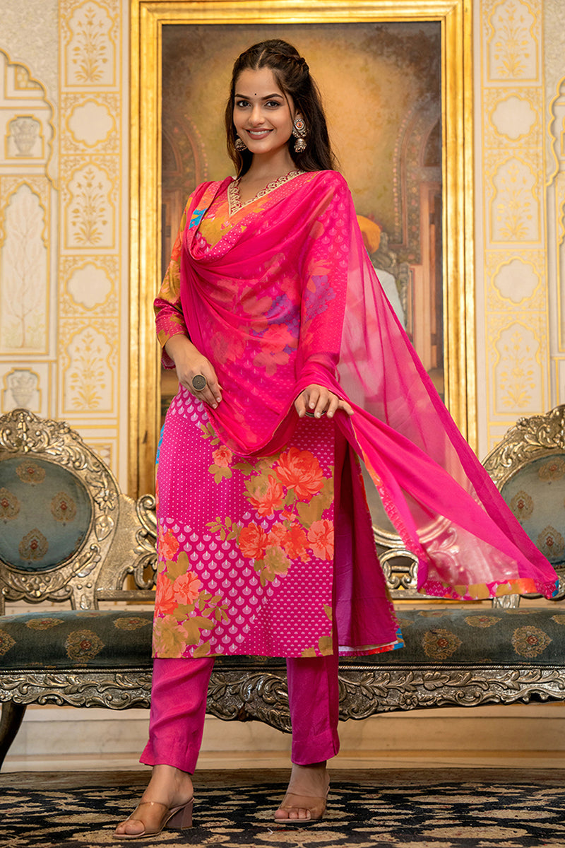 Pink Silk Blend Floral Printed Straight Suit Set With Trouser Bottom | SHOBITAM