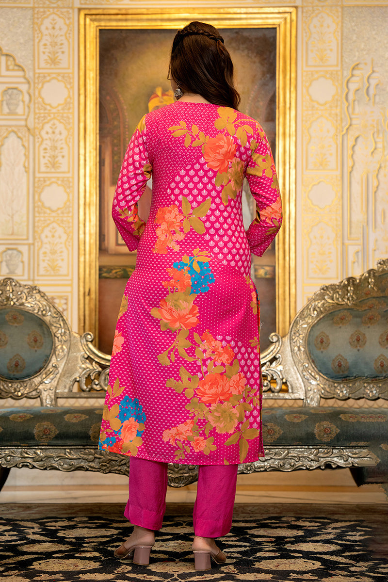 Pink Silk Blend Floral Printed Straight Suit Set With Trouser Bottom | SHOBITAM