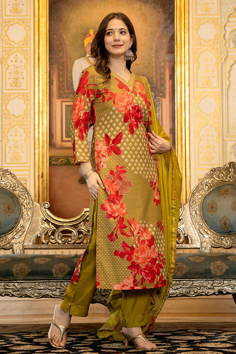 Green Silk Blend Floral Printed Straight Suit Set With Trouser Bottom | SHOBITAM