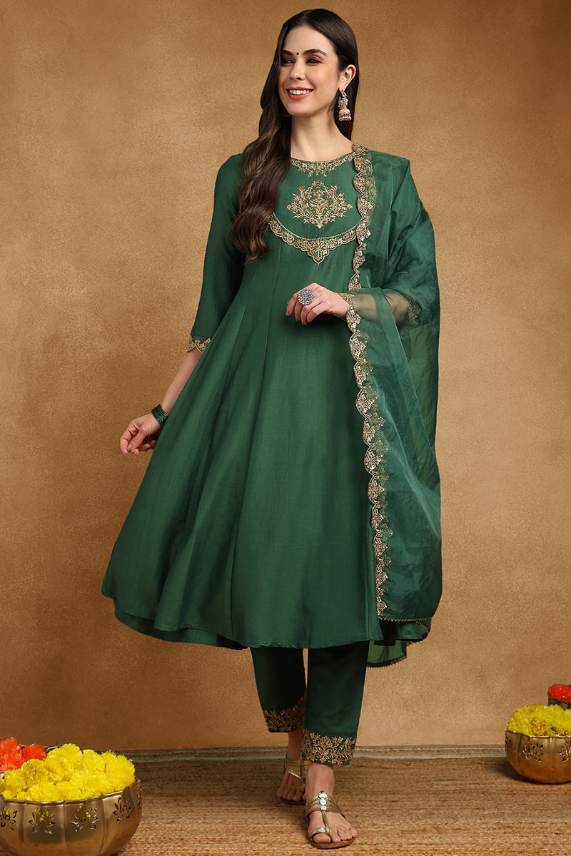Green Silk Blend Solid Embroidered Anarkali Suit Set | SHOBITAM