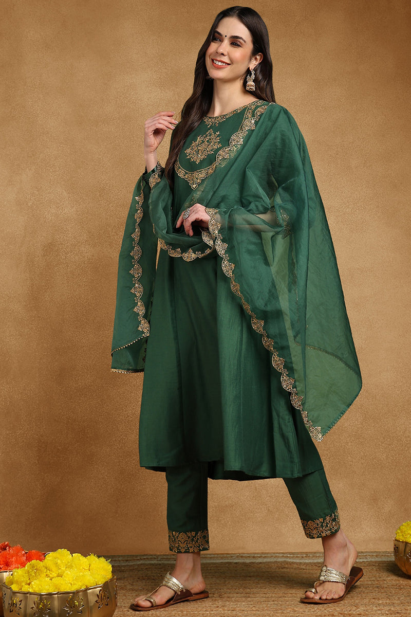 Green Silk Blend Solid Embroidered Anarkali Suit Set | SHOBITAM