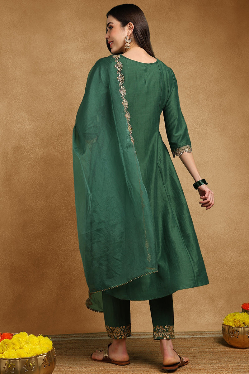 Green Silk Blend Solid Embroidered Anarkali Suit Set | SHOBITAM